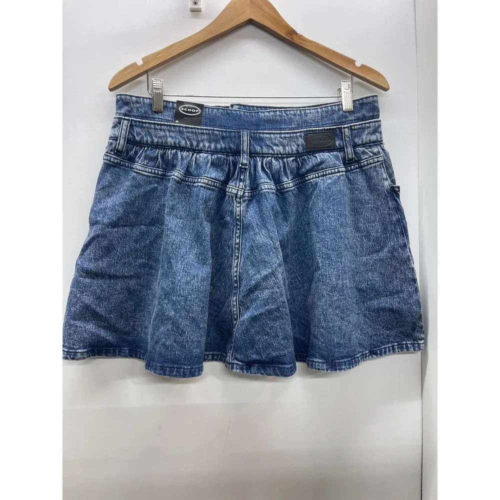 Scoop Women Blue Acid Wash Denim Mini Skirt High Waisted Pleated Skater 10 NWT